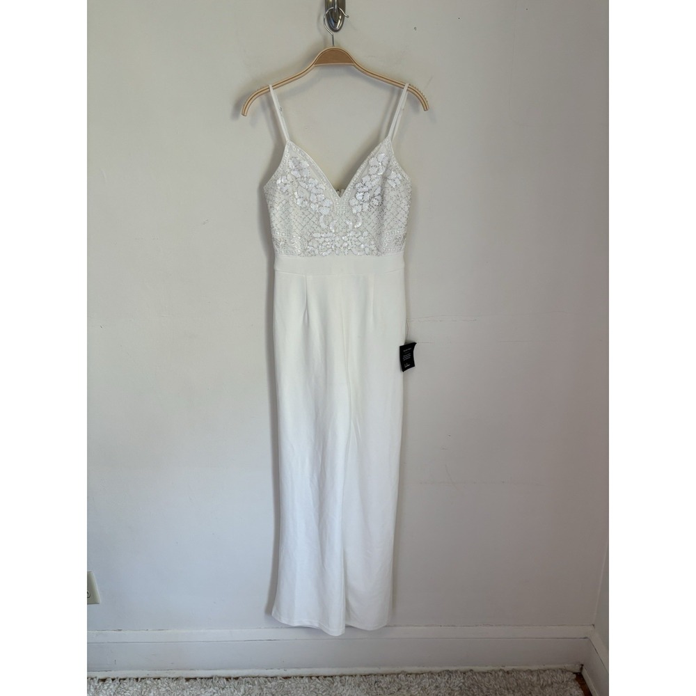 Lulu's Jumpsuit Wide Leg White Beaded Sequin Bride Bachelorette Small - Desc